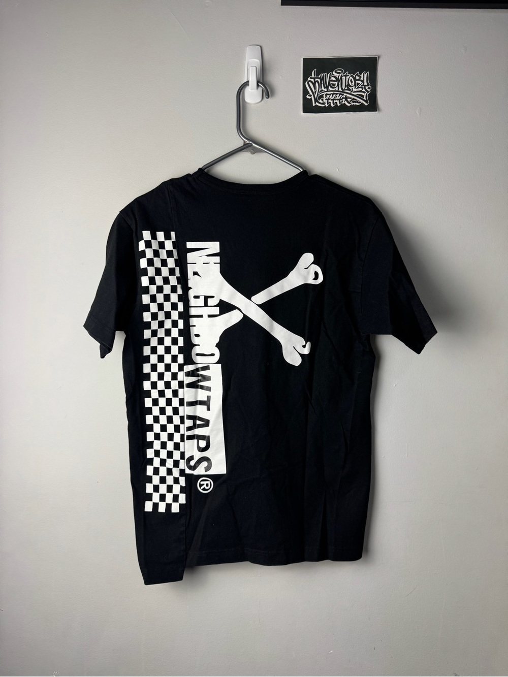WTAPS Black Short-Sleeve Tee with White Crossbones & Checker Print